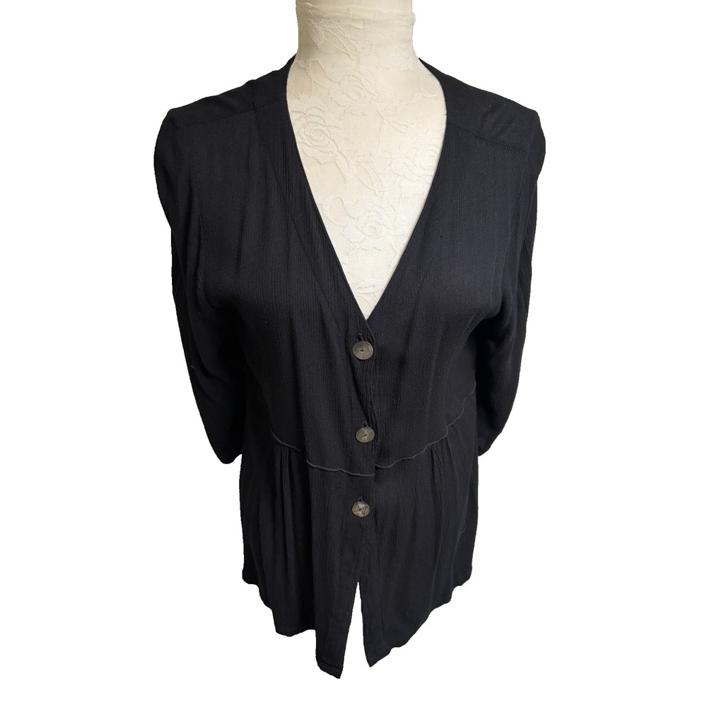 Fresco by Nomadic‎ Traders Black Tunic Blouse~M~V Nk Button Down Jacket 3/4 Slvs
